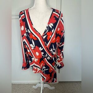 Soho New York & Company Red and Navy Floral Assymetrical Blouse size L